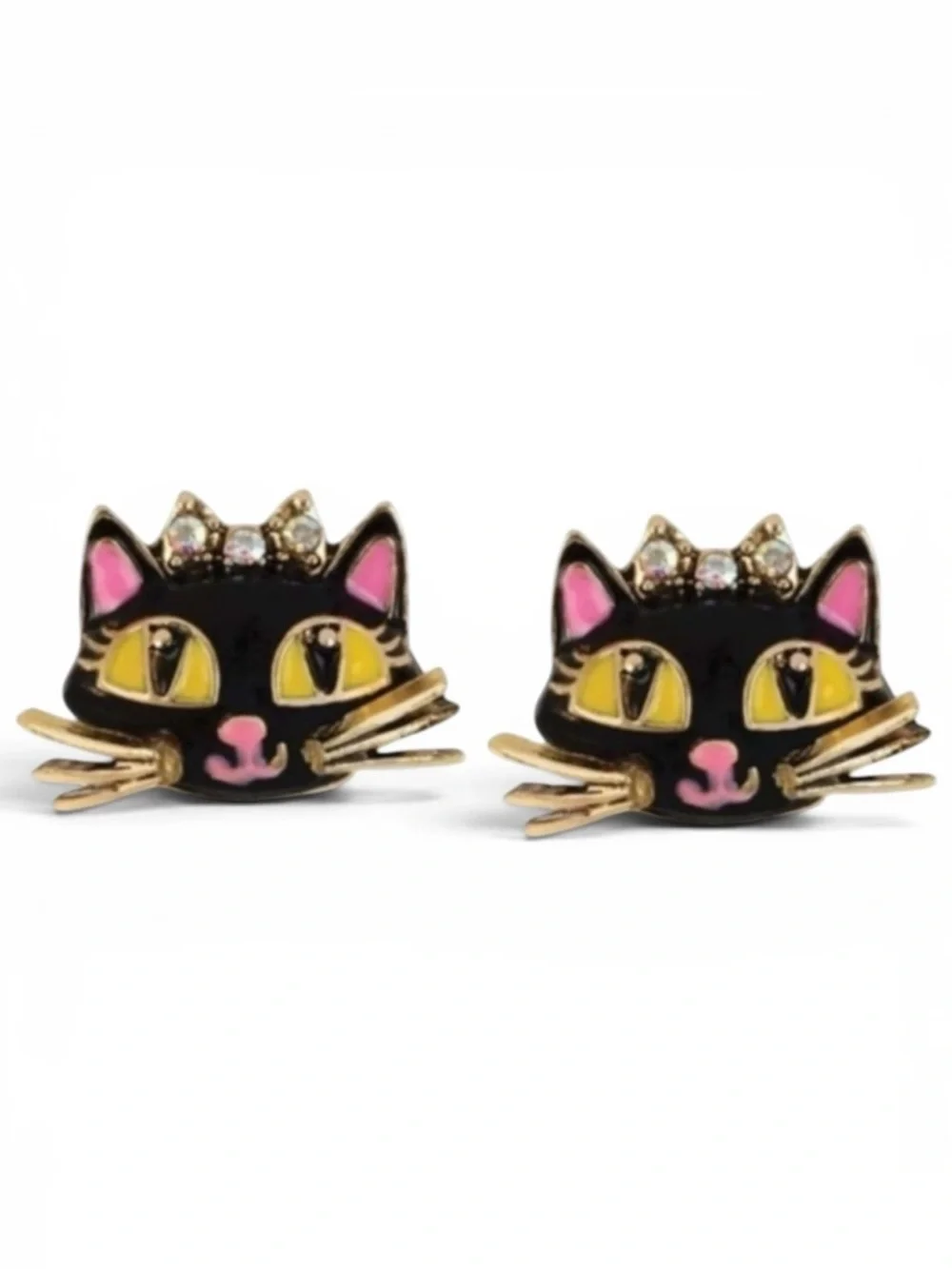 Betsey Johnson Black Cat Crystal Crown Stud Earrings NWT Gold Tone